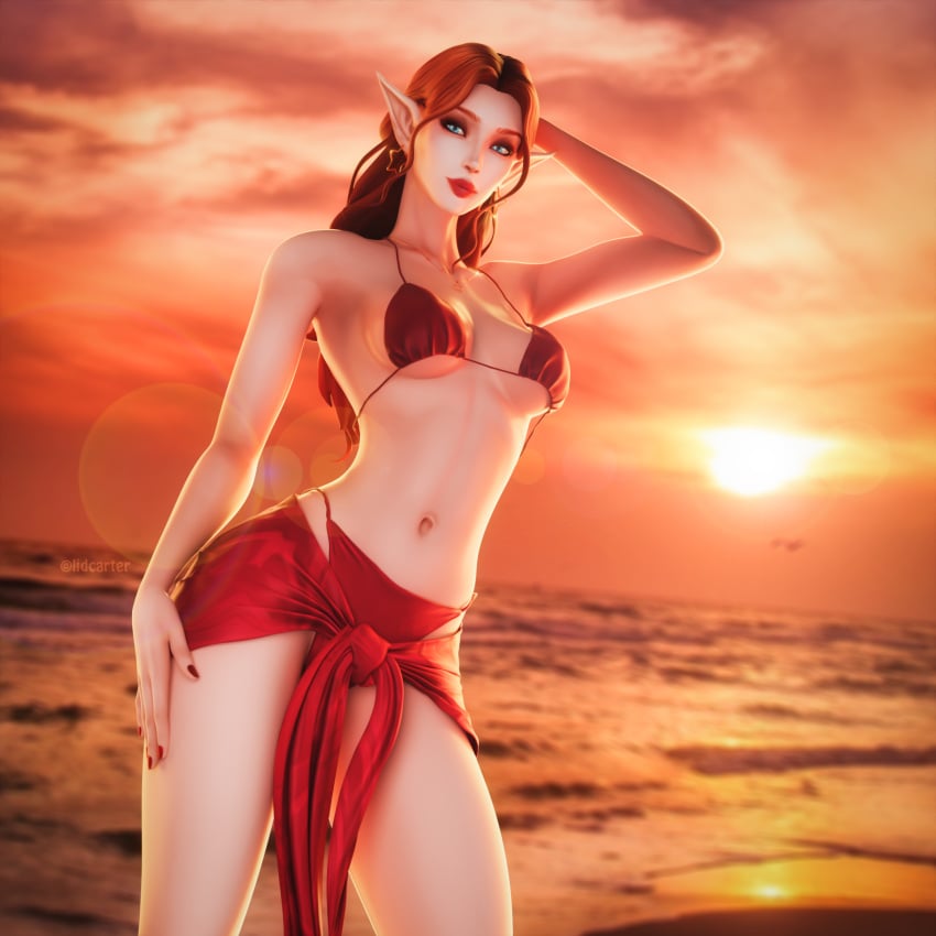 1girls beach bikini blood_elf blue_eyes cute elf female lidcarter lidemina_carter_(lidcarter) light-skinned_female long_hair looking_at_viewer no_sex petite pointy_ears red_hair red_lipstick seductive_look slim solo sunset world_of_warcraft