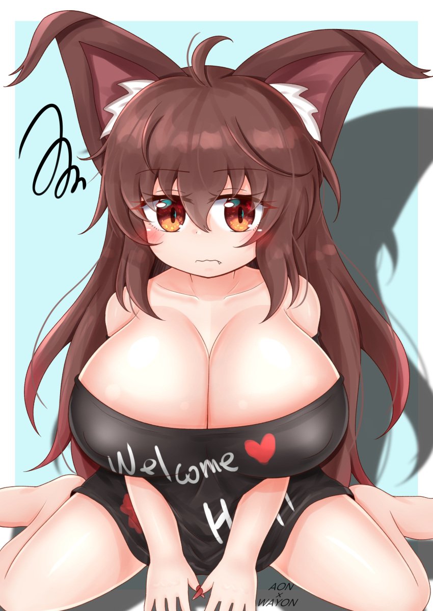 1girls bad_id bad_pixiv_id black_shirt blue_background blush brown_eyes brown_hair cleavage closed_mouth clothes_writing hecatia_lapislazuli_(cosplay) huge_breasts imaizumi_kagerou kagerou_imaizumi long_fingernails long_hair looking_at_viewer oerba_yun_fang red_nails riru_neko sitting slit_pupils solo squiggle touhou wariza wolf_ears wolf_girl