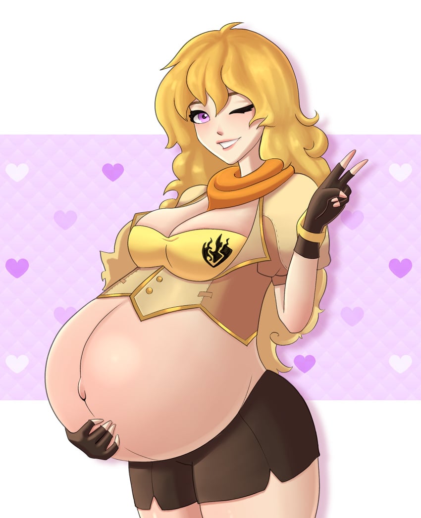 1girls ashantydrill blonde_hair blush breas edit female fingerless_gloves holding_belly human hyper_belly large_breasts peace_sign popped_navel pregnant purple_eyes ready_to_pop rwby thick_thighs viz_media wide_hips yang_xiao_long