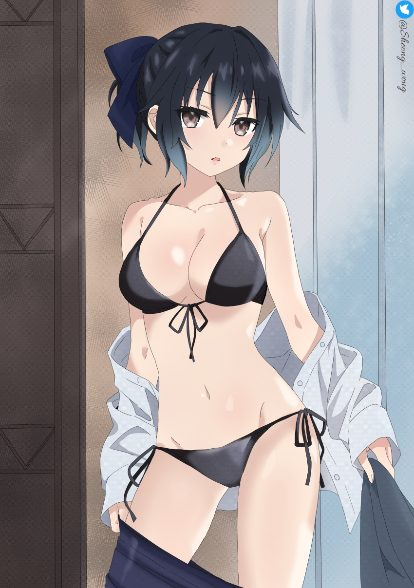 bikini breasts brown_eyes colored coloring_page dark_hair king_proposal ou-sama_no_propose pointy_chin sheong_wong short_hair stomach tsunako undressing