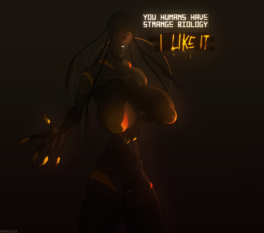 2018 alien areola aviadelete backlighting beckoning big_areola big_breasts big_nipples big_thighs black_sclera blush breasts claws dark_image digital_media_(artwork) english_text female gradient_background grey_skin grin huge_breasts humanoid inverted_nipples looking_at_viewer markings nipples nude orange_claws orange_markings orange_nipples orange_pussy pinup pose puffy_nipples pussy sagging_breasts shaded signature simple_background small_waist smile solo speech_bubble standing text veltris_(aviadelete) watermark yellow_eyes