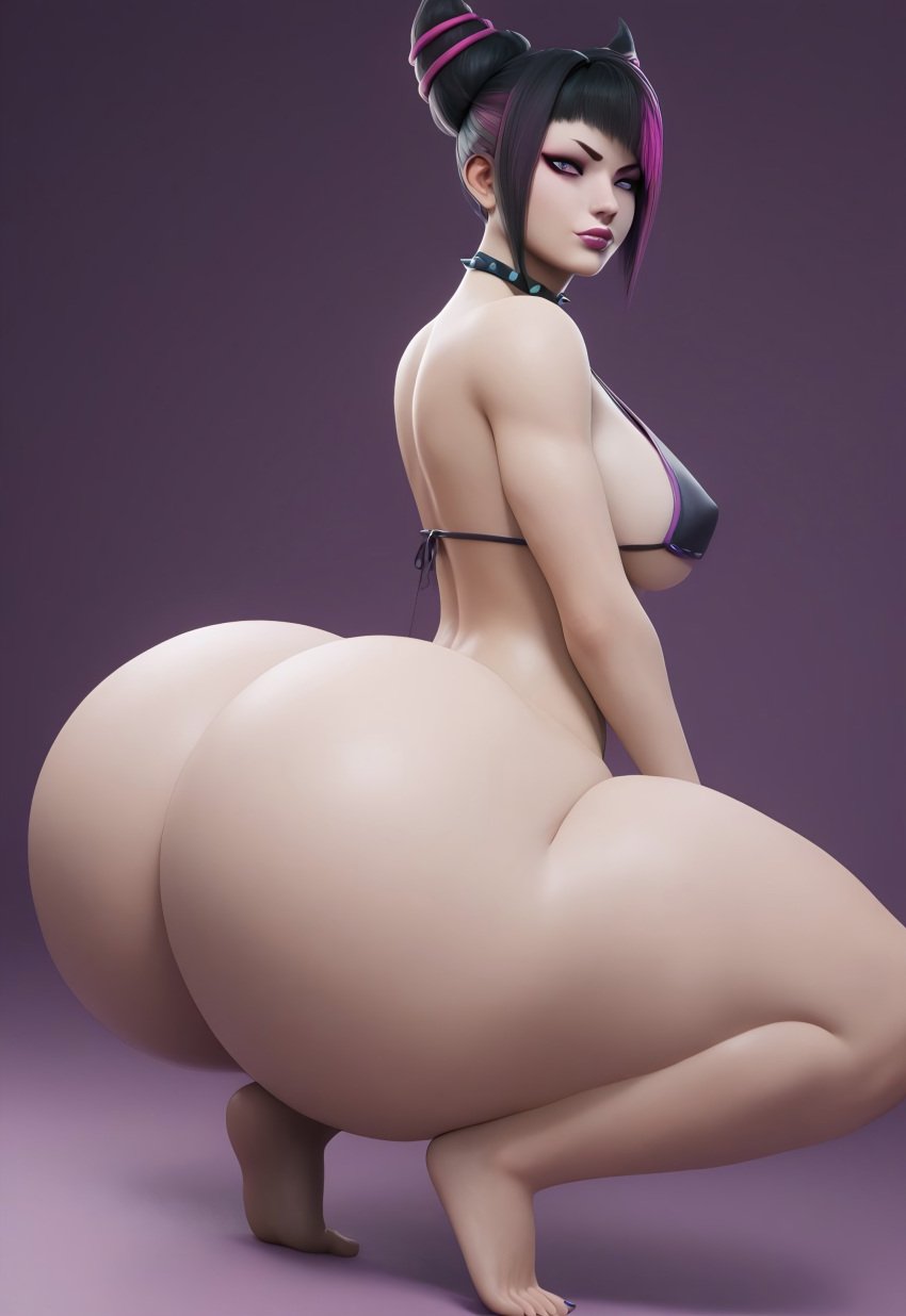 3d ai_generated asian_female big_ass bra bubble_butt capcom enormous_ass hair_horns huge_ass juri_han korean_female looking_at_viewer massive_ass paag purple_background purple_hair side_view sideboob simple_background squatting squatting_position street_fighter street_fighter_iv