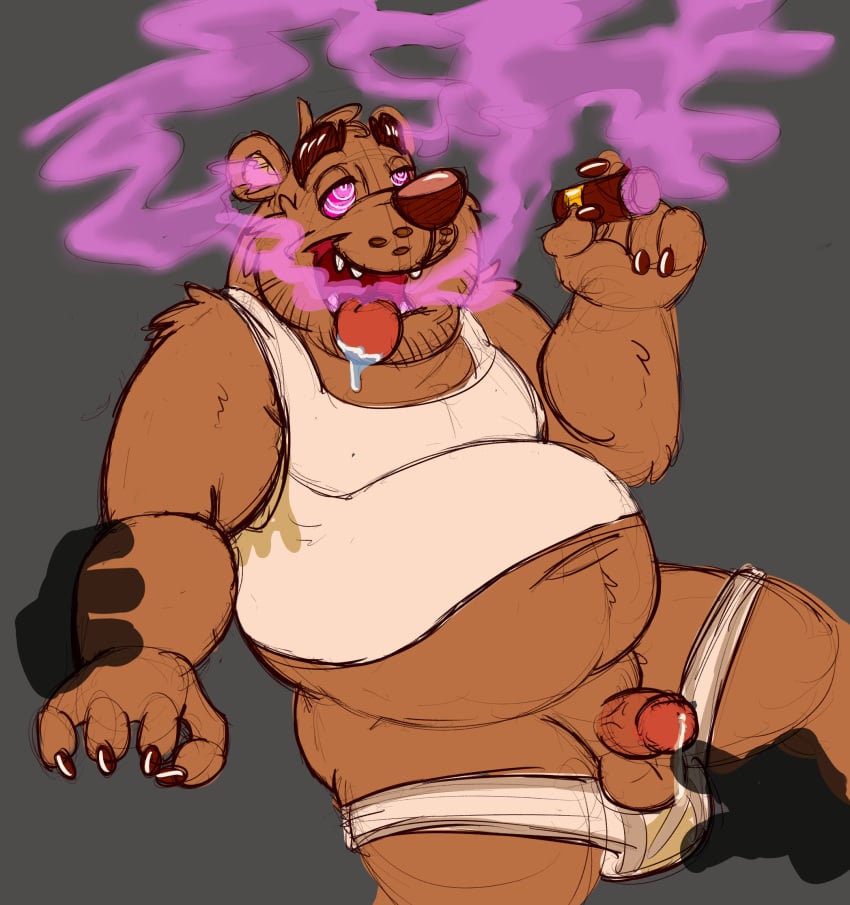 2018 4_fingers anthro balls bear belly big_belly brown_claws brown_fur cigar claws clothed clothing cum disembodied_hand drooling fur grey_background griz_urso group hi_res hypnosis male male_only mammal mind_control open_mouth penis saliva shirt simple_background smile smoke smoking solo_focus spiral spiral_eyes tank_top teeth tongue tongue_out underwear vein veiny_penis