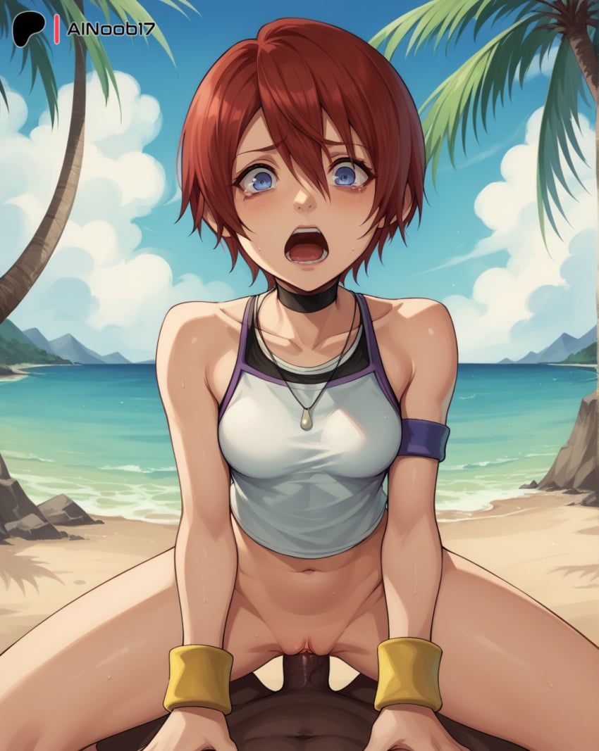 ai_generated ainoob17 beach blue_eyes bottomless cowgirl_position dark-skinned_male kairi kingdom_hearts open_mouth rape red_hair tagme tears vaginal_penetration