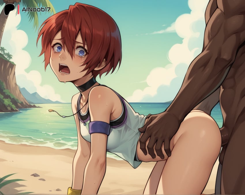 ai_generated ainoob17 beach blue_eyes bracelet brown_hair clouds crying_with_eyes_open dark-skinned_male faceless_male from_behind hand_on_hip kairi kingdom_hearts muscular_male ocean open_mouth partially_clothed questionable_consent sand sex tagme vaginal_penetration white_shirt