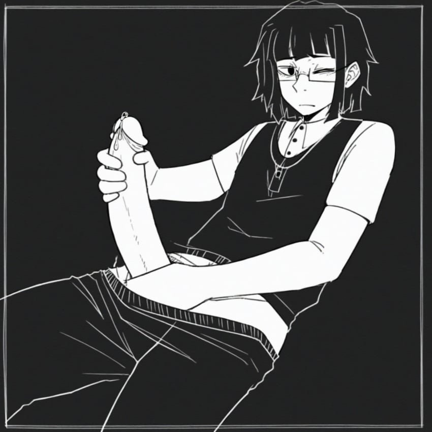 1boy accurate_art_style ai_generated barren_(ai_prompter) black_eyes black_hair black_pants black_shirt black_vest flat_colors ghost_and_pals glasses hands_on_own_penis highres honey_i&#039;m_home jerking_off male_masturbation masturbation monochrome mv_character norman_minecraft one_eye_closed precum pulled_down_pants short_hair simple_shading solo stable_diffusion two_handed_masturbation vocaloid white_shirt white_skin