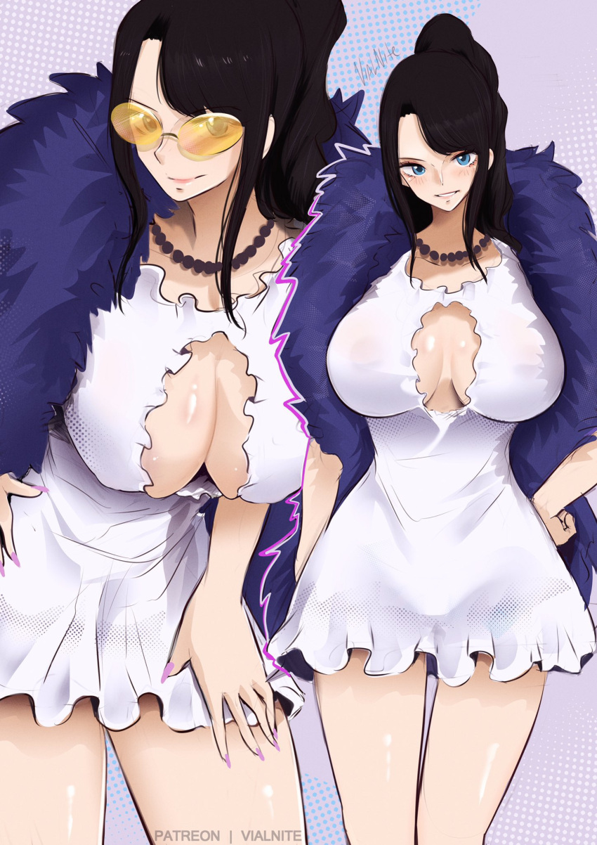 1girls black_hair blue_eyes cleavage_cutout dress female female_only hand_on_hip large_breasts long_legs necklace nico_robin one_piece one_piece_film_gold painted_nails ponytail short_dress sunglasses tight_clothing tinted_eyewear vialnite