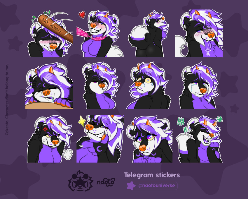 5:4 angry animal_humanoid anthro anthro_only ass bodily_fluids collar crying female hi_res highlights_(coloring) horn humanoid hyena hyena_humanoid laugh leash leashed_collar mammal mammal_humanoid markings moon naoto solo sticker sticker_pack tears telegram_sticker tired tongue tongue_out