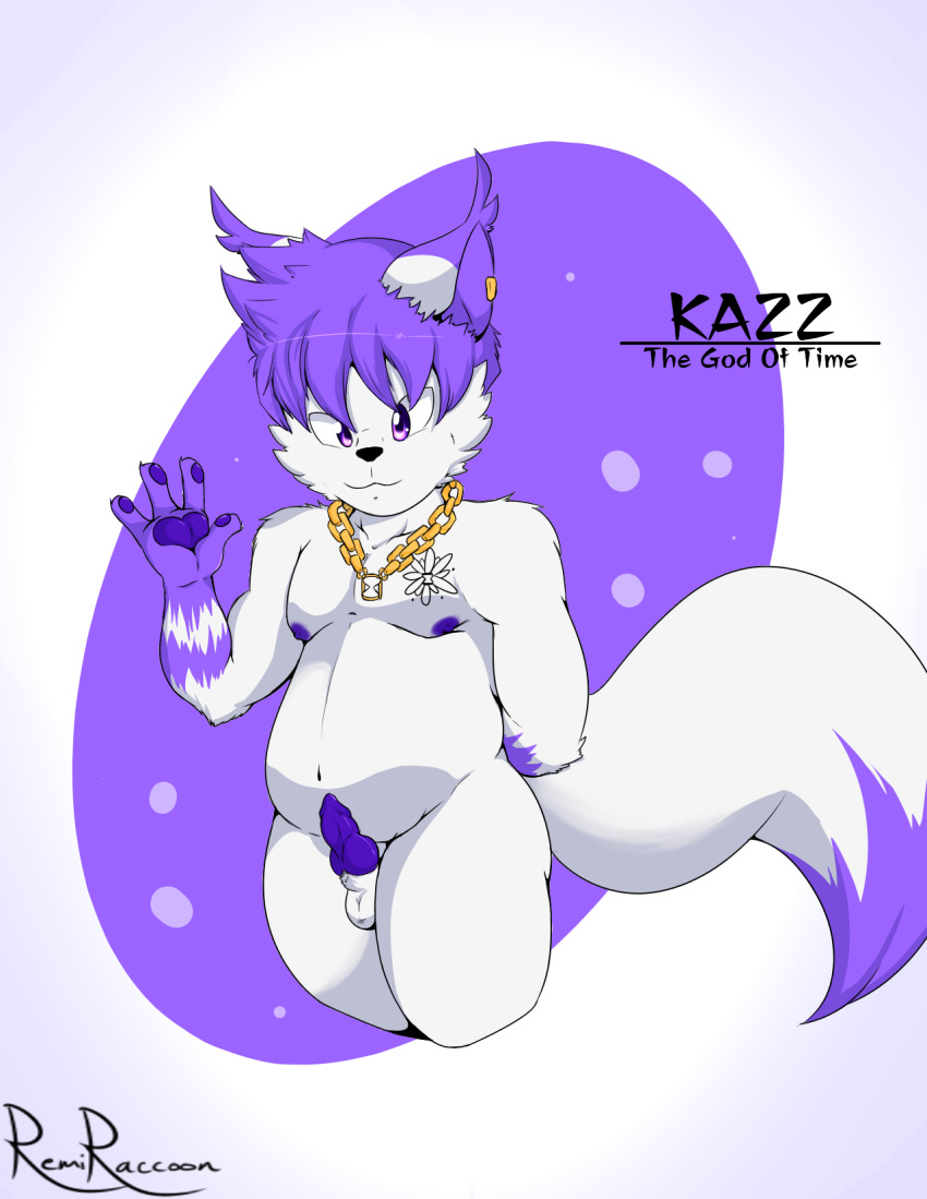 4_fingers anthro balls canine cel_shading character_name ear_piercing english_text erection fox fur hair hi_res jewelry kazz_(remiraccoon) knot looking_at_viewer male male_only mammal navel necklace nipples nude pawpads penis piercing purple_eyes purple_fur purple_hair remiraccoon signature simple_background slightly_chubby small_penis solo text white_fur young