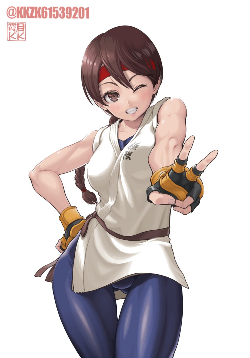 ass_visible_through_thighs bandana belt big_breasts big_breasts braid braided_ponytail brown_eyes brown_hair clothed gloves hand_gesture karate karate_gi king_of_fighters kkzk61539201 light-skinned_female light_skin long_hair ponytail smiling smiling_at_viewer thigh_gap thighs tight_clothing yoga_pants yuri_sakazaki