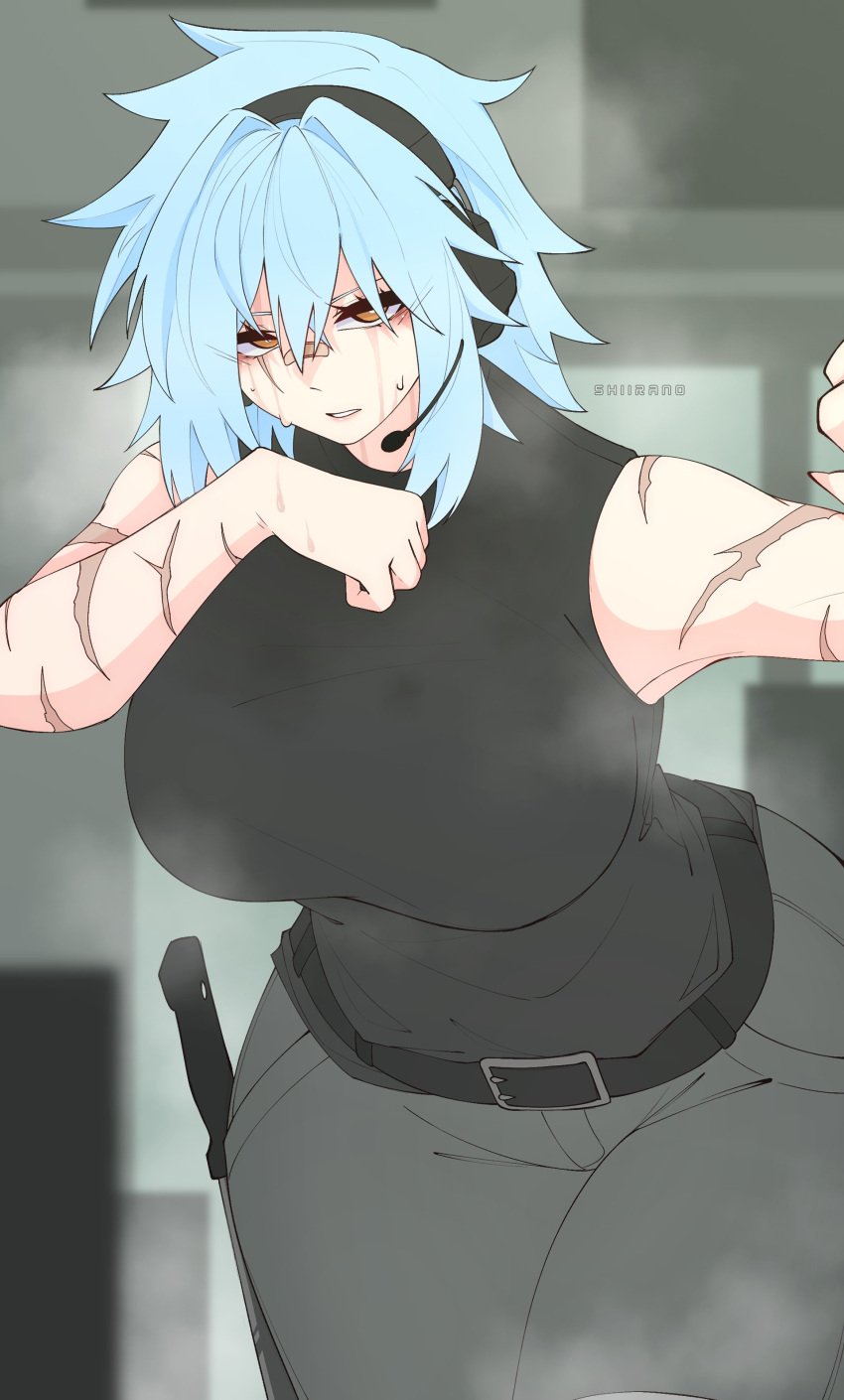 accessory bandaid bandaid_on_face bandaid_on_nose bare_shoulders big_ass big_breasts big_butt big_hips blue_hair breasts bubble_butt child_bearing_hips face_scar female headphones orange_eyes scars scars_all_over shiirano sweating sweaty wide_hips