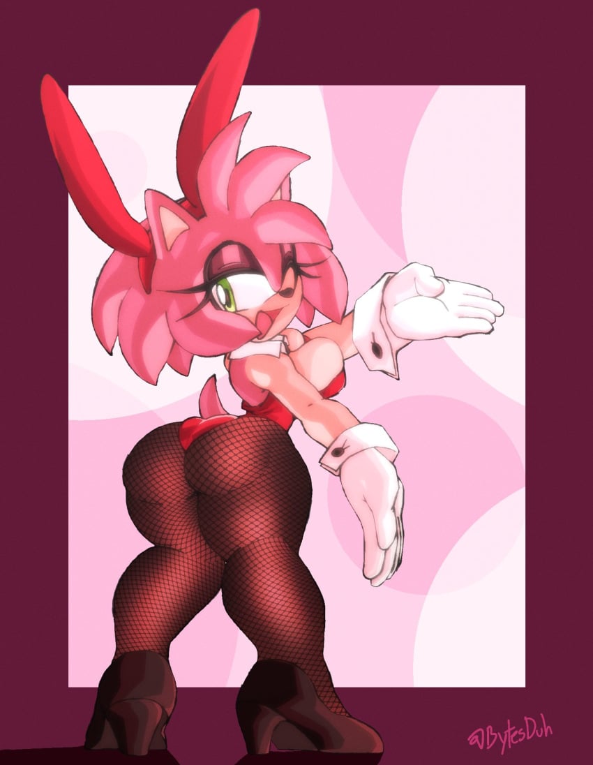 1girls amy_rose ass breasts bunny_ears_(cosmetic) bunny_ears_headband bunnysuit bytesduh color colored dat_ass eyelashes female female_only fishnets gloves hedgehog hedgehog_humanoid high_heels line_art looking_at_viewer looking_back pink_fur sideboob solo solo_female sonic_(series) sonic_the_hedgehog_(series) tail watermark white_gloves wink winking_at_viewer