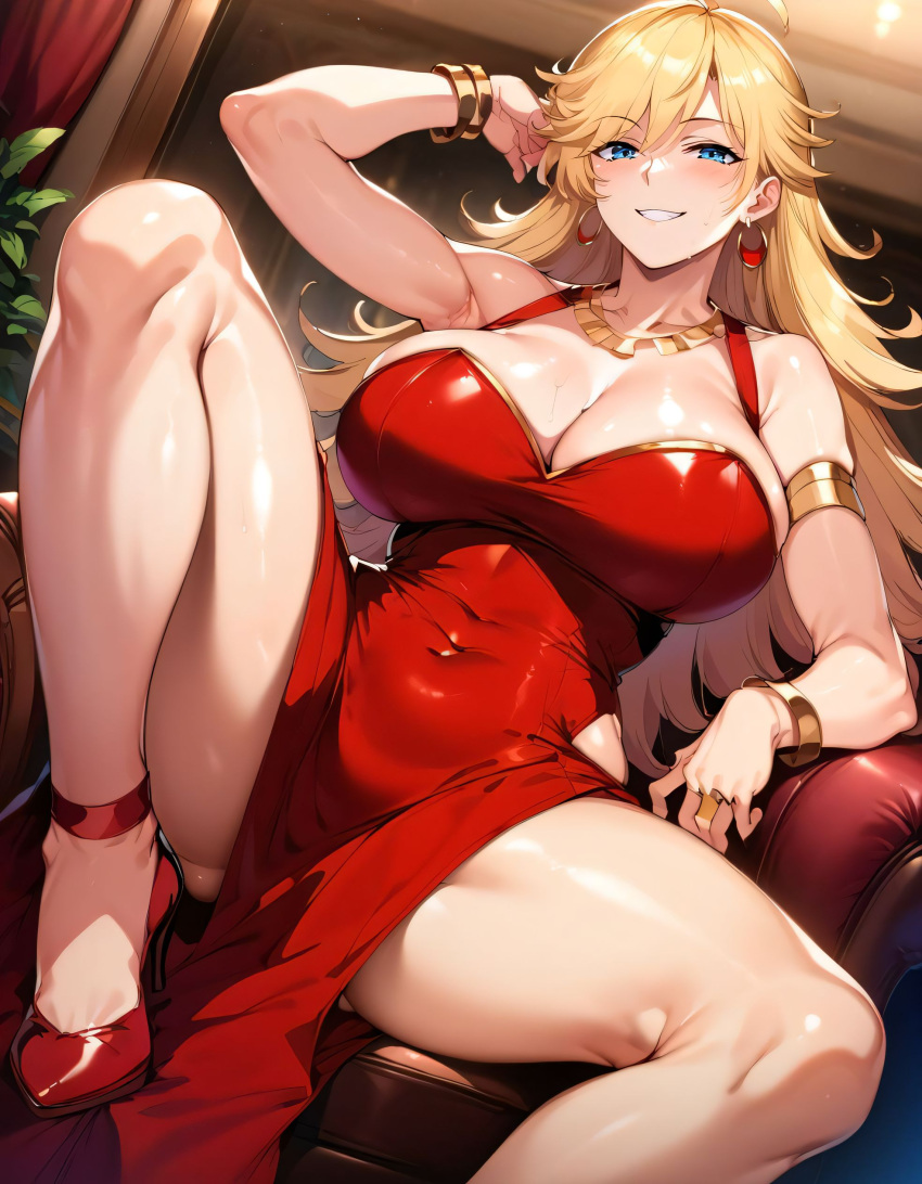 1girls ai_generated alternate_breast_size big_breasts bostin breasts busty cleavage curvaceous curvy curvy_body curvy_female curvy_figure dress female high_heels huge_breasts large_breasts panty_&_stocking_with_garterbelt panty_anarchy sitting solo spread_legs sweat sweating sweaty sweaty_body sweaty_breasts thick_thighs thighs voluptuous