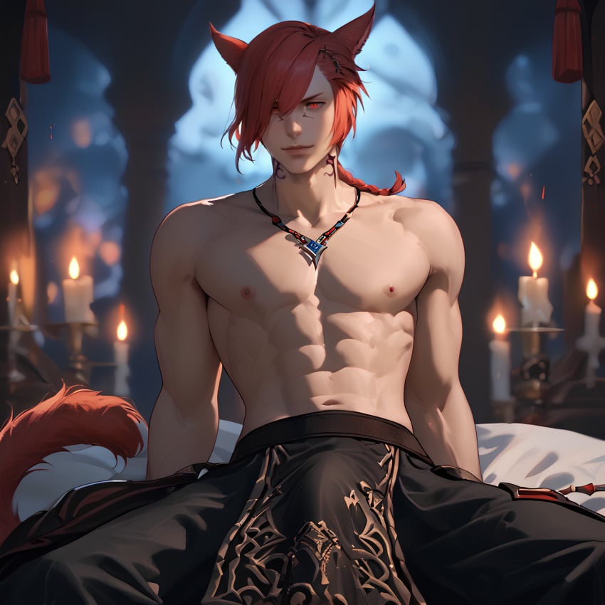 1boy 1male abs ai_generated biceps bulge catboy final_fantasy final_fantasy_xiv fluffy_tail g'raha_tia half_naked looking_at_viewer male male_only miqo'te muscles muscular necklace nipples pecs ponytail presenting red_eyes red_hair seductive sitting smile smiling_at_viewer solo solo_male spread_legs tattoo topless