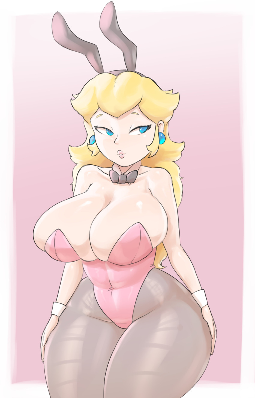 1girls blonde_female blonde_hair blonde_hair_female blue_eyes bowtie breasts bunny_ears bunnysuit curvy curvy_figure female female_only hands_on_hips huge_breasts lickagoat looking_to_the_side mario_(series) nintendo pink_outfit princess_peach solo thick_thighs