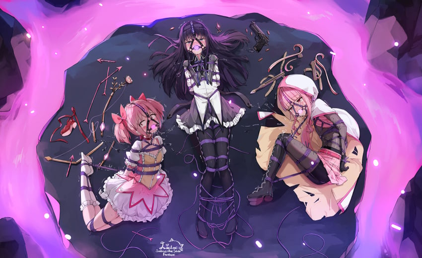 3girls akemi_homura arms_behind_back ball_gag black_hair black_pantyhose bondage bondage bondage boots bound breasts gag gag_harness gagged gun handgun highres kaname_madoka knee_boots liclac long_hair magical_girl mahou_shoujo_madoka_magica mahou_shoujo_madoka_magica_(anime) multiple_girls pantyhose pink_hair restrained shibari_over_clothes skirt small_breasts socks tamaki_iroha thigh_boots twintails weapon