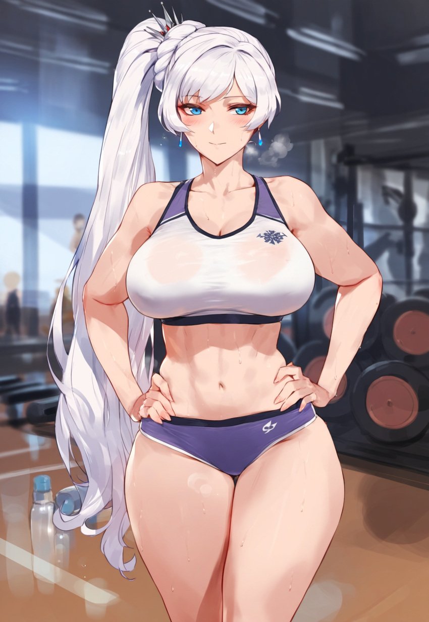 abs ai_generated bangs bare_shoulders blue_eyes blush bottle bra breasts buruma clavicle cleavage closed_mouth clothing earrings female gym gym_uniform hair_ornament hands_on_hips indoors jewelry large_breasts long_hair looking_at_viewer midriff muscle navel ponytail rwby scar scar_across_eye scar_on_face shorts side_ponytail smile solo sports_bra sportswear standing sweat thighs tied_hair truck_kun underwear very_long_hair weiss_schnee wet white_hair