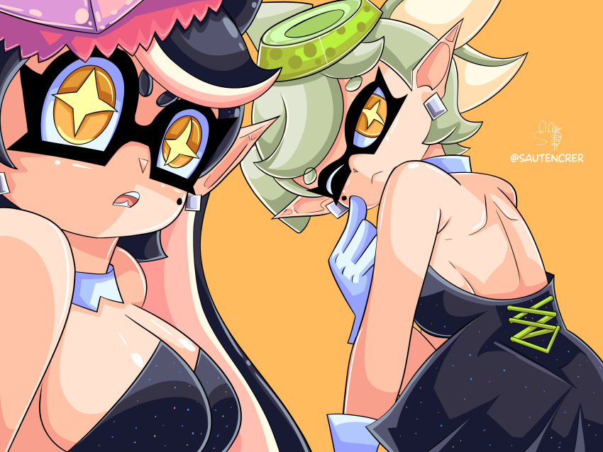 2girls artist_name breasts callie_(splatoon) cleavage detached_collar earrings hair hair_ornament inkling inkling_girl looking_at_viewer marie_(splatoon) mole mole_under_eye one_eye_closed open_mouth orange_background pointy_ears sautencrer simple_background splatoon splatoon_(series) splatoon_1 squid_sisters tentacle tentacle_hair white_collar white_detached_collar wink winking_at_viewer yellow_eyes