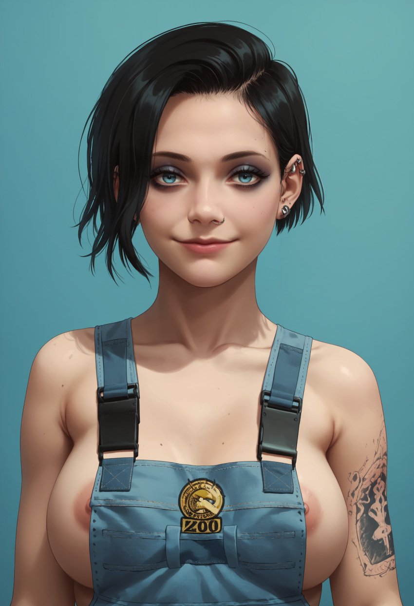 1girls ai_generated areolae areolae_slip black_hair blue_eyes civitai female female_focus female_only goth goth_girl interfusor more_at_source overalls overalls_only sarah_watkins short_hair tagme zoochosis