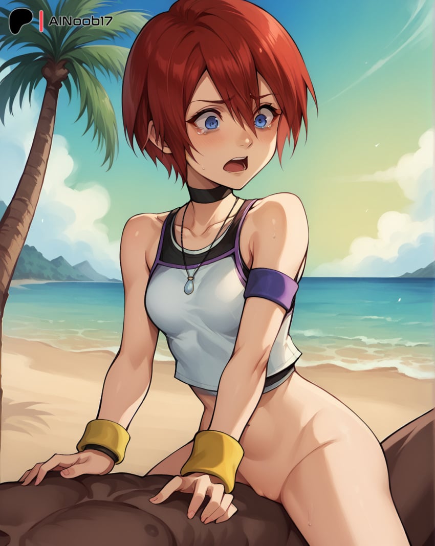 ai_generated ainoob17 beach blue_eyes bottomless cowgirl_position dark-skinned_male kairi kingdom_hearts open_mouth rape red_hair tagme tears vaginal_penetration