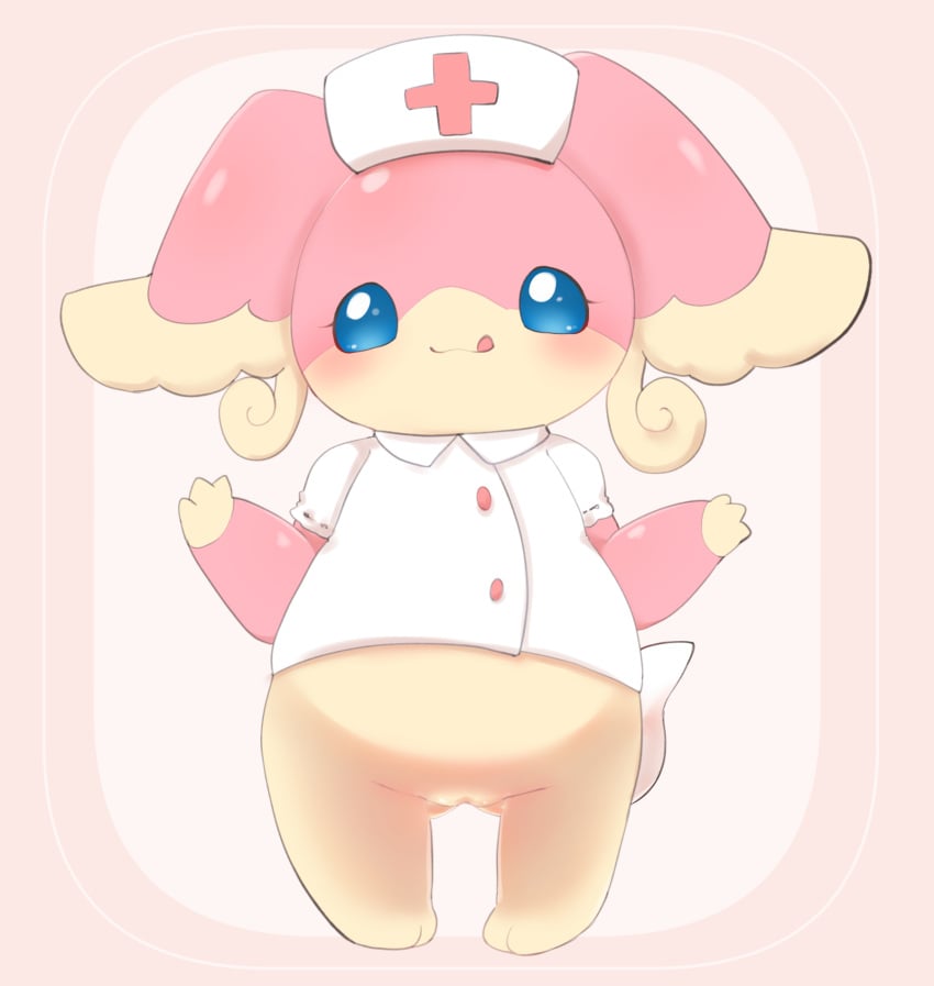 anthro ass audino blue_eyes blush bottomless butt_from_the_front clothed clothing female female_anthro generation_5_pokemon genitals hat headgear headwear hi_res licking licking_lips nintendo nurse_clothing nurse_hat nurse_headwear nurse_uniform pink_body pokemon pokemon_(species) pussy sakaeguchi_okarina simple_background solo tongue uniform white_background