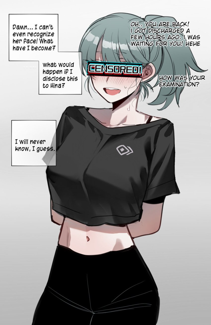 1girls big_breasts censor_bar censored censored_eyes censored_for_betas cuckold cuckold_pov green_hair hands_behind_back long_hair ponytail ratatatat74 sweat sweatdrop sweating