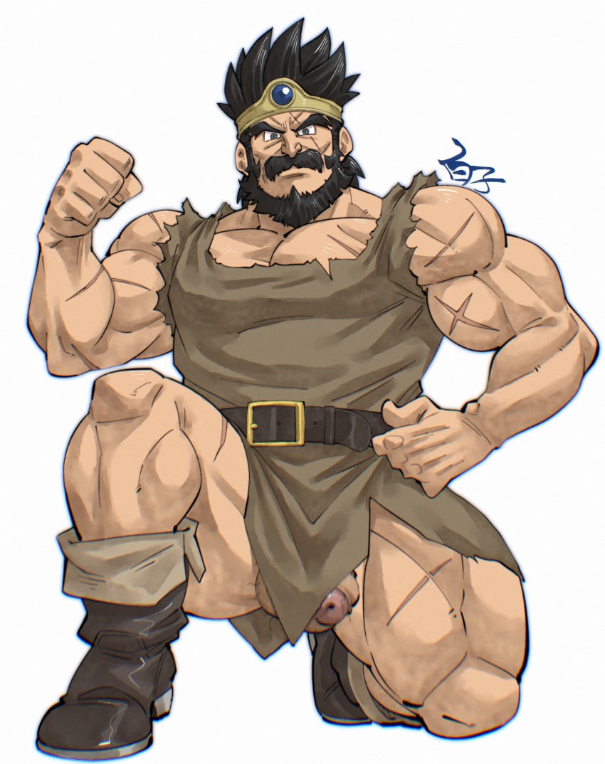 41raco balls bara beard censored_penis dragon_quest dragon_quest_iii facial_hair flaccid male male_only muscles muscular on_one_knee ortega_(dq3) penis scars solo solo_male tunic