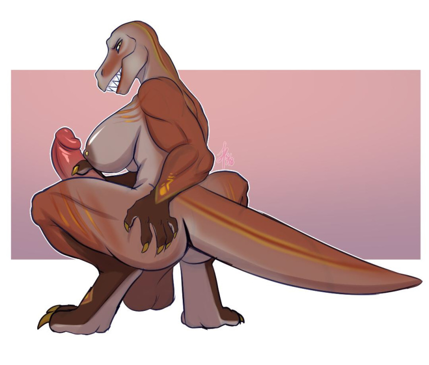 anthro ass backsack balls big_breasts big_penis breasts brown_balls butt_grab dickgirl dinosaur futa_only futanari grimmicookie hand_on_butt humanoid_penis intersex looking_back nipple_piercing nipples penis piercing scalie theropod tyrannosaurus_rex tyrica_(character)