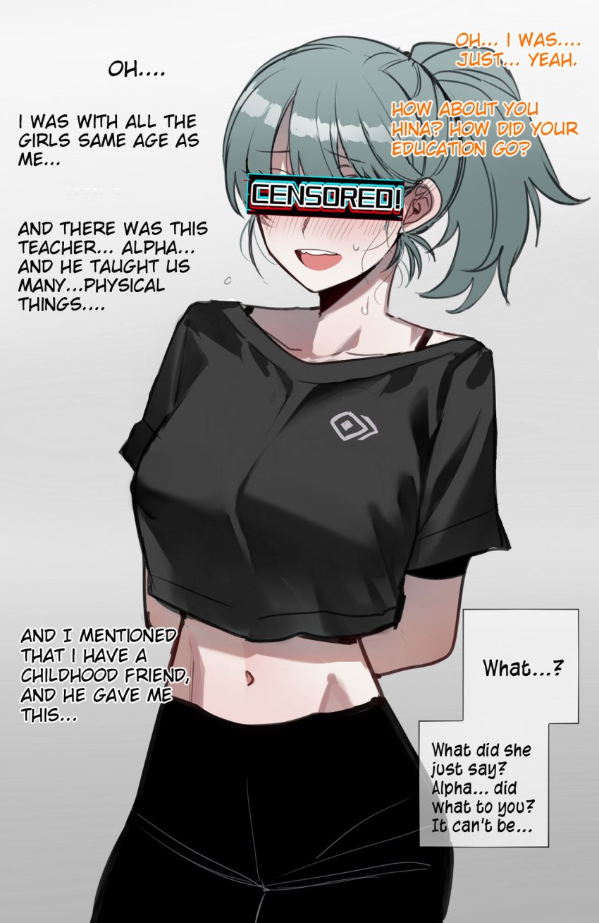 1girls big_breasts censor_bar censored censored_eyes censored_for_betas cuckold cuckold_pov green_hair hands_behind_back hypnosis long_hair mind_control ponytail ratatatat74 sweat sweatdrop sweating