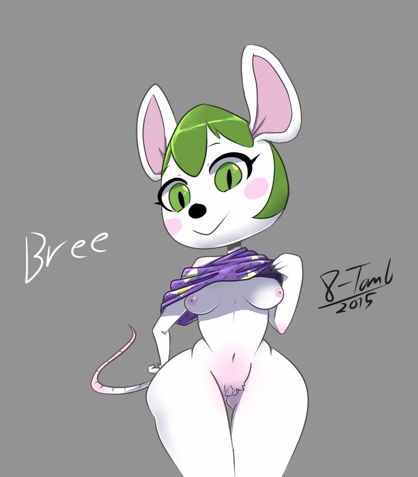 2015 3_fingers 8-tomb :> absurdres animal_crossing anthro anthrofied bare_shoulder biped black_nose blush breasts bree_(animal_crossing) butt_from_front character_name clothing_lift english_text eyelashes female front_view furry green_eyes green_hair grey_background half-length_portrait hand_on_hip highres looking_at_viewer mammal medium_breasts mouse navel nintendo nipples pink_nipples portrait presenting presenting_breasts purple_clothing pussy pussy_blush rat_tail rodent shirt shirt_lift short_hair simple_background small_waist smile solo standing text white_pussy white_skin white_tail wide_hips