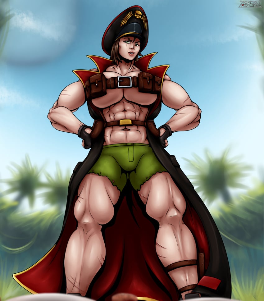 abs astra_militarum beltbra breasts_bigger_than_head brown_hair catachan_jungle_fighters coat commissar devious_grin green_eyes hand_on_hip hat huge_breasts imperial_guard imperium_of_man muscular_female muscular_thighs naughty_face pouch revealing_clothes romman08 scar smile thick_thighs warhammer_(franchise) warhammer_40k