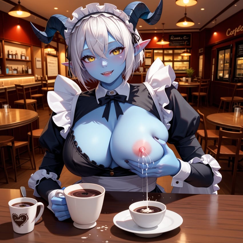 1girls ai_generated amber_eyes big_breasts blue_body blue_skin breasts captainmegu coffee coffee_cup demon_girl demon_horns demon_humanoid elf_ears fresh_milk_demon_latte k_ai_ros_ lactating maid_headdress maid_uniform milk nipples shiny_skin short_hair solo white_hair