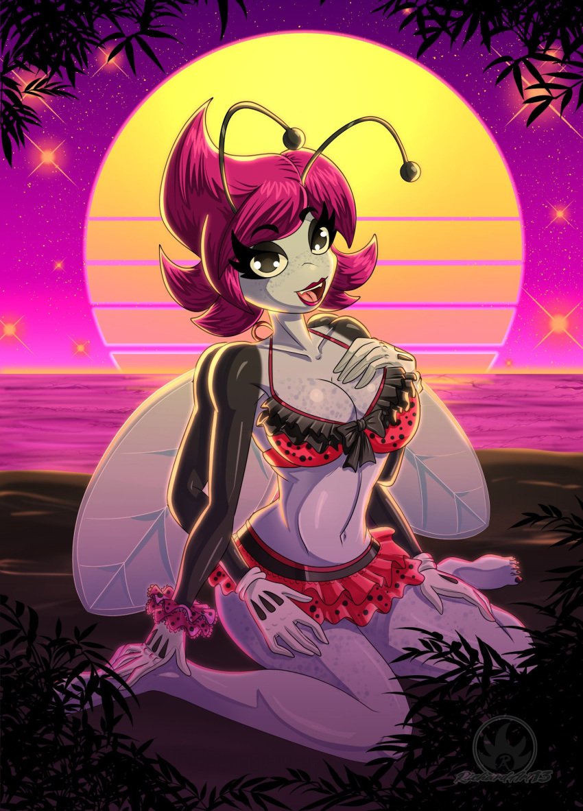 1female 4_arms alternate_hairstyle antennae_(anatomy) artist_logo artist_signature beach black_arms black_eyes black_eyeshadow cleavage cosplay detailed detailed_background digital_media_(artwork) disney disney_channel female_focus female_only freckles_on_breasts freckles_on_face freckles_on_thighs gloves gloves_(marking) hand_on_chest hand_on_foot insect_girl insect_wings looking_at_viewer magenta_hair maggie_pesky narrowed_eyes on_knees one_piece one_piece_swimsuit perky_breasts pink_lipstick retro_artstyle richardart13 shore sunset swimsuit the_buzz_on_maggie toony watermark