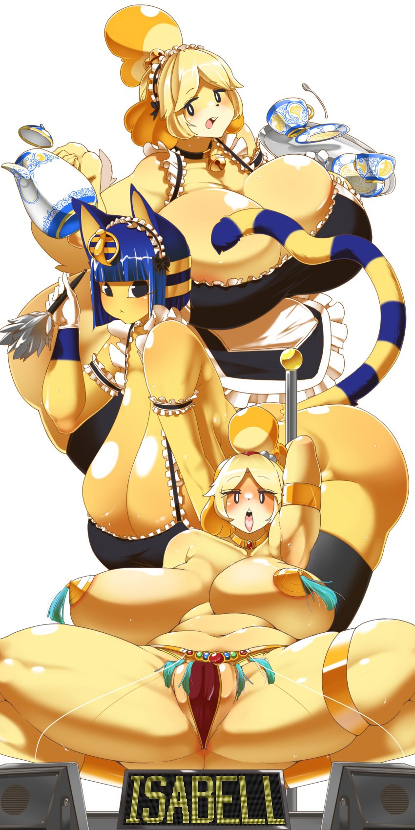 2girls animal_crossing ankha ankha_(animal_crossing) anthro anthro_only areolae barefoot big_breasts breasts canine completely_nude completely_nude_female feline feline_humanoid female female_only full_body furry huge_breasts humanoid isabelle_(animal_crossing) kneeling naked naked_female nintendo nipples nude nude_female opqhlak panties pussy sagging_breasts skimpy_clothes standing topless