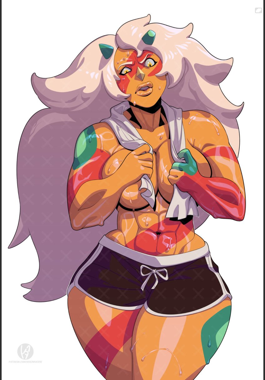 abs annoyed_expression body_markings booty_shorts horns jasper_(steven_universe) krezlit krezniverse large_breasts long_hair muscular_female orange_body post_workout solo solo_female solo_focus steven_universe steven_universe_future sweat sweating topless topless_female towel towel_around_neck white_hair