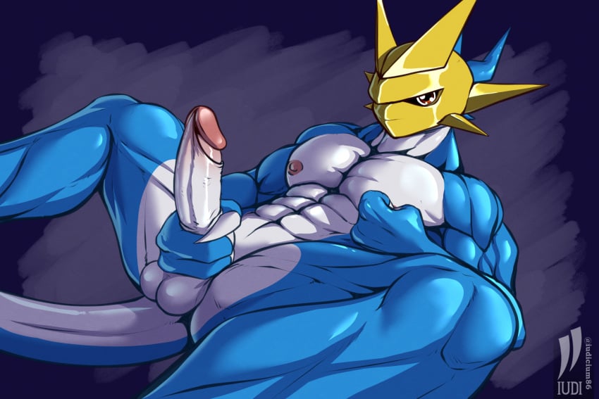 3:2 3_fingers abs anthro armor balls bandai_namco digimon digimon_(species) fingers foreskin genitals headgear headgear_only helmet helmet_only humanoid_genitalia iudicium86 magnamon male muscular nipples pecs penis retracted_foreskin scalie solo