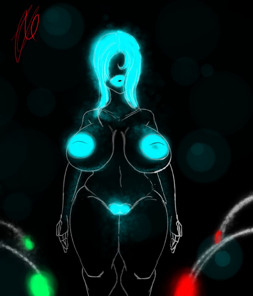 3girls big_breasts black_background corrupted corruption cursed_fleshlight_(gorila_invisible) cyan_hair glowing_hair glowing_lips glowing_nipples glowing_pussy red_nipples soostime2.0 transform voluptuous_female wide_hips