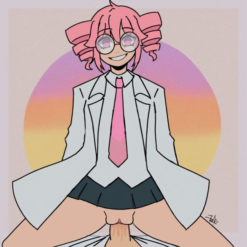 ai_generated barren_(ai_prompter) black_skirt circular_glasses coat colorful_background cowgirl_position drill_hair drill_twintails femdom ghost_and_pals glasses highres kasane_teto lab_coat light_skin light_skinned_female looking_down male_pov mv_character pathological_facade pink_hair pink_tie pov pussy sex short_hair simple_background simple_shading skirt smile stable_diffusion straddling tie twintails upskirt vaginal_penetration vaginal_sex vocaloid white_shirt