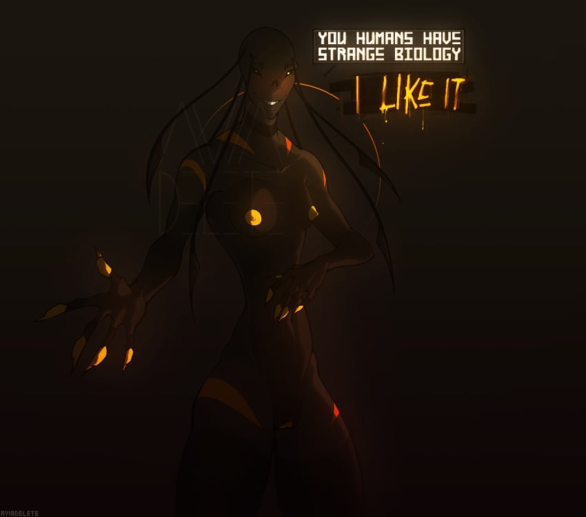 2018 alien aviadelete backlighting beckoning big_thighs black_sclera blush breasts claws dark_image digital_media_(artwork) english_text erect_nipples female gradient_background grey_skin grin humanoid looking_at_viewer markings nipples nude orange_claws orange_markings orange_nipples orange_pussy pinup pose pussy shaded signature simple_background small_breasts small_waist smile solo speech_bubble standing text veltris_(aviadelete) watermark yellow_eyes