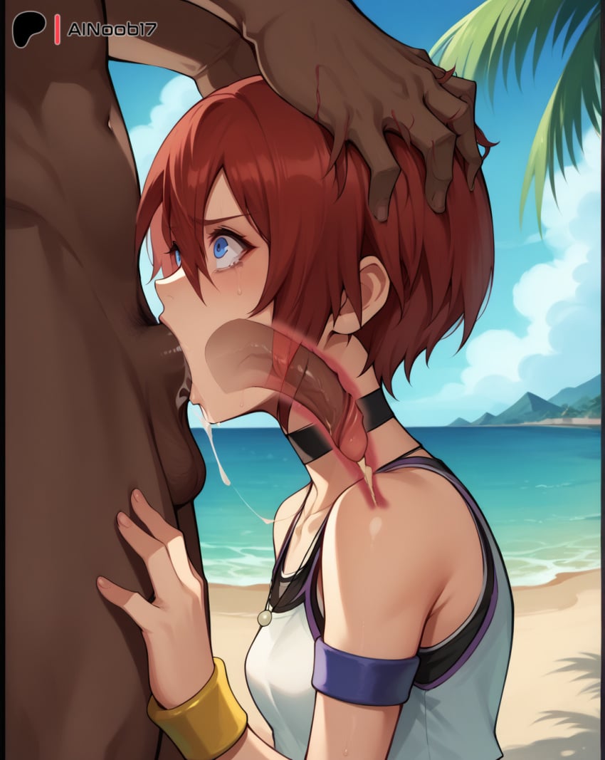 ai_generated ainoob17 beach blowjob bottomless cum_in_mouth dark-skinned_male kairi kingdom_hearts open_mouth rape tagme tears