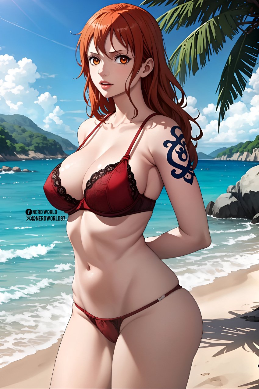 1girls ai_generated beach big_breasts bikini female female_only large_breasts looking_at_viewer nami nami_(one_piece) nerdworld97 one one_piece orange_eyes orange_hair waifu