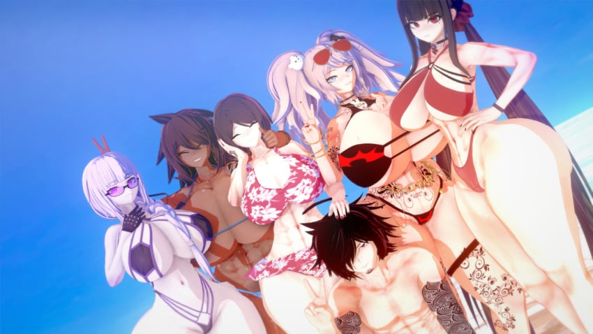 1boy 1boy5girls 5girls 5girls1boy ass beach beach_background big_ass big_breasts bikini black_hair blonde_hair blue_eyes breasts bubble_ass bubble_butt danganronpa danganronpa:_trigger_happy_havoc danganronpa_1 danganronpa_killer_killer dark-skinned_female dark_skin fenrirsjaw harukawa_maki junko_enoshima kirigiri_kyouko large_breasts lavender_eyes lavender_hair leifruby2 light-skinned_female light-skinned_male light_skin long_hair looking_at_viewer massive_ass massive_breasts mukuro_ikusaba muscular_female muscular_male owari_akane ponytail red_eyes scar scared scars scars_all_over short_hair smile smiling smiling_at_viewer straight_hair sunglasses sunglasses_on_head swimsuit takumi_hijirihara tattoo tattoo_on_arm tattooed_arm tattoos thick_thighs thighs v_sign voluptuous voluptuous_female