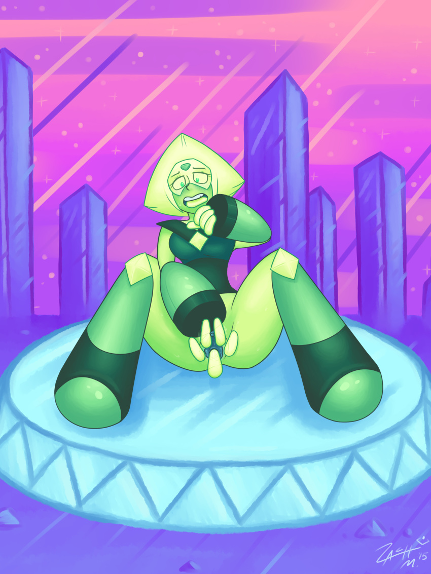 alien cartoon_network chaztheweasel clitoris female gem_(species) green_hair green_skin hair hi_res humanoid limb_enhancers masturbation penetration peridot_(steven_universe) pussy solo steven_universe vaginal_masturbation vaginal_penetration