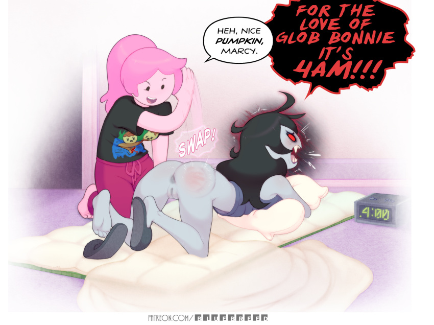 2girls adventure_time alarm_clock angry anus ass bed bedroom black_hair bluebreed bottomless canon_couple carpet clock demonic_eyes english_text fangs female female_only futon grey_skin highres long_hair marceline multiple_girls nude open_mouth pale_skin pillow pink_hair pink_skin pointy_ears princess_bubblegum pussy red_eyes slippers spank_marks spanked spanking speech_bubble text vagina vampire yuri