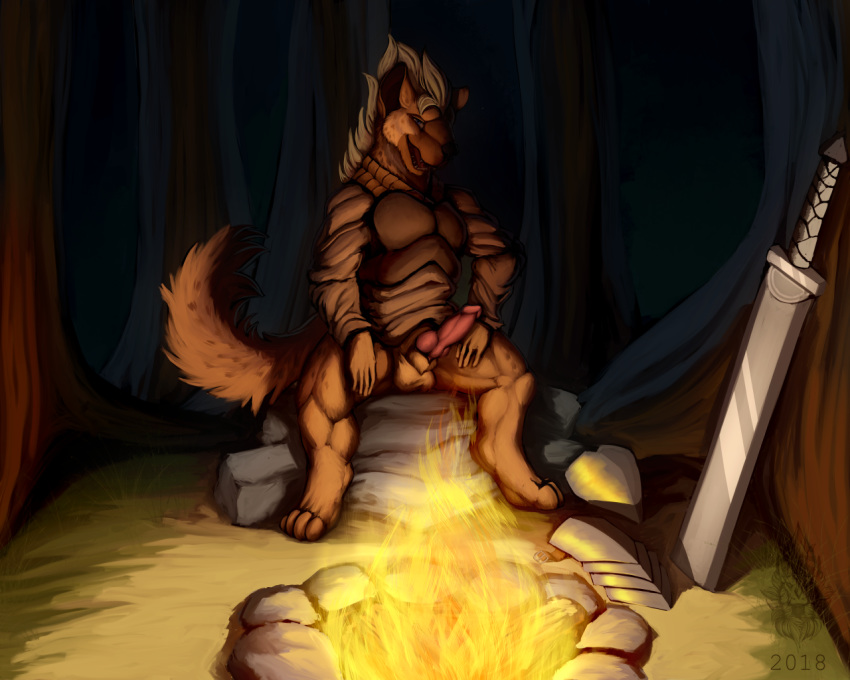 2018 anthro balls campfire erection forest fur hyena kazzyboii looking_at_viewer male male_only mammal melee_weapon penis presenting solo sword tree weapon