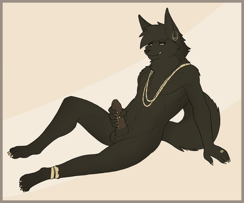 10s 2018 anklet anthro anubian_jackal canine ear_piercing erection fuzzikayu jackal jewelry male male_only mammal masturbation necklace penis piercing rilohn ring simple_background sitting solo