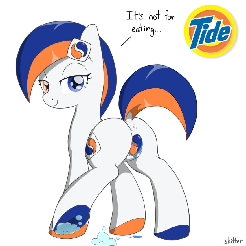 anus ass english_text equine female feral happy heterochromia horse looking_back mammal my_little_pony pony presenting presenting_hindquarters skitterpone smile solo text tide_pod