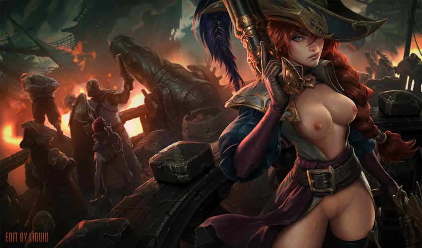 1girls belt big_breasts blue_eyes breasts cannon clothes clothing costume edit edited_official_artwork female fire gun hat holding_weapon league_of_legends liquidshadow long_hair looking_at_viewer miss_fortune nipples pirate pirate_hat pirate_ship ponytail red_hair riot_games serious shaved_pussy ship solo_focus standing