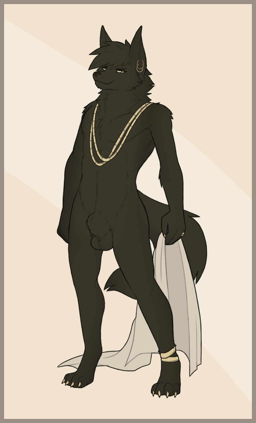 10s 2018 animal_genitalia anklet anthro anubian_jackal balls black_balls canine ear_piercing fully_sheathed fuzzikayu jackal jewelry looking_at_viewer male male_only mammal necklace piercing rilohn ring sheath simple_background smile solo