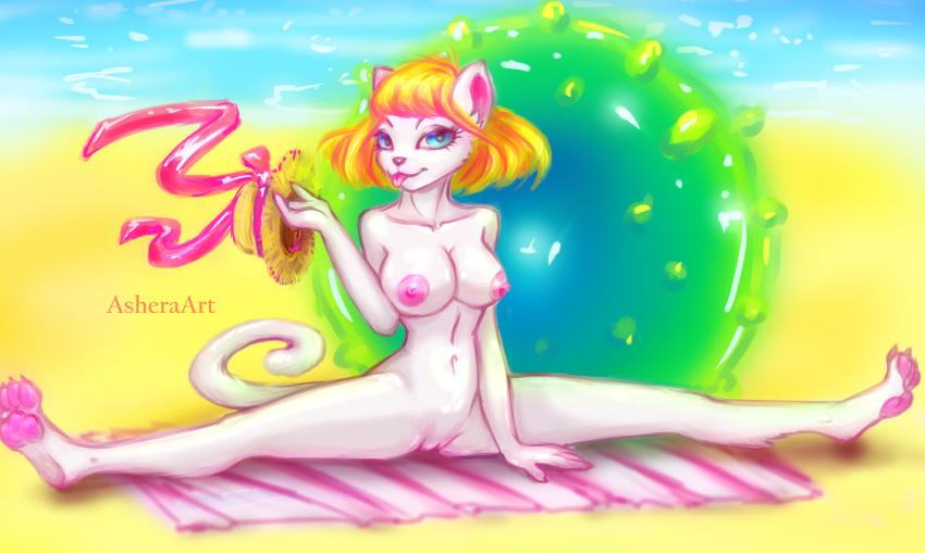 anthro asheraart beach breasts feline feline female fur mammal nipples pussy seaside solo summer white_cat young